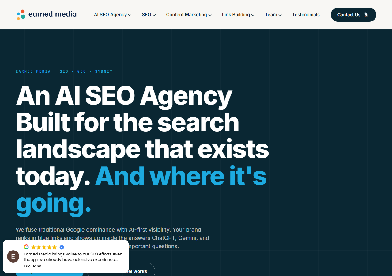 Earned Media homepage screenshot, an AI SEO and generative engine optimisation agency based in Bella Vista in the Hills District of Sydney