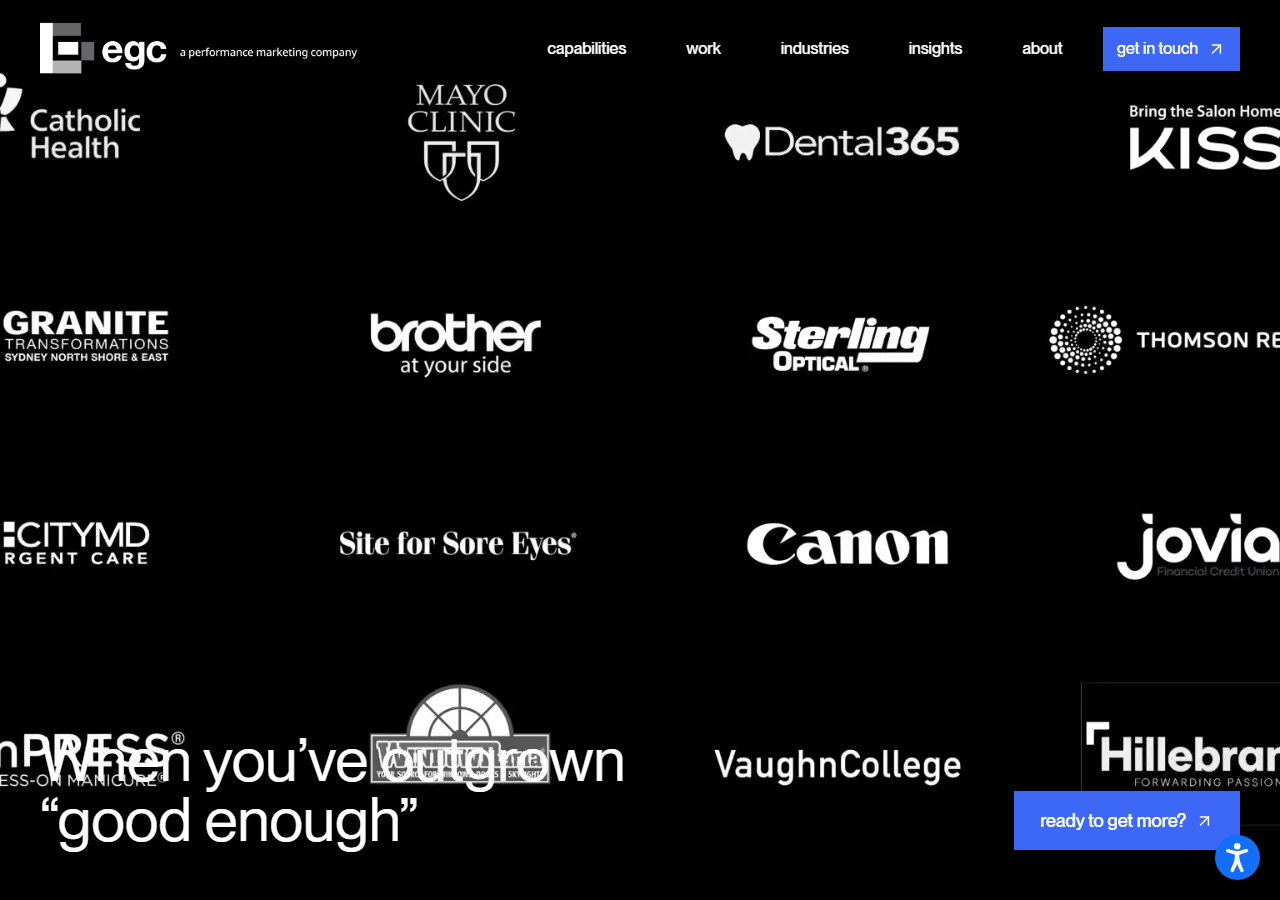 EGC Group homepage screenshot, a full-service performance marketing agency headquartered in Melville, New York since 1985