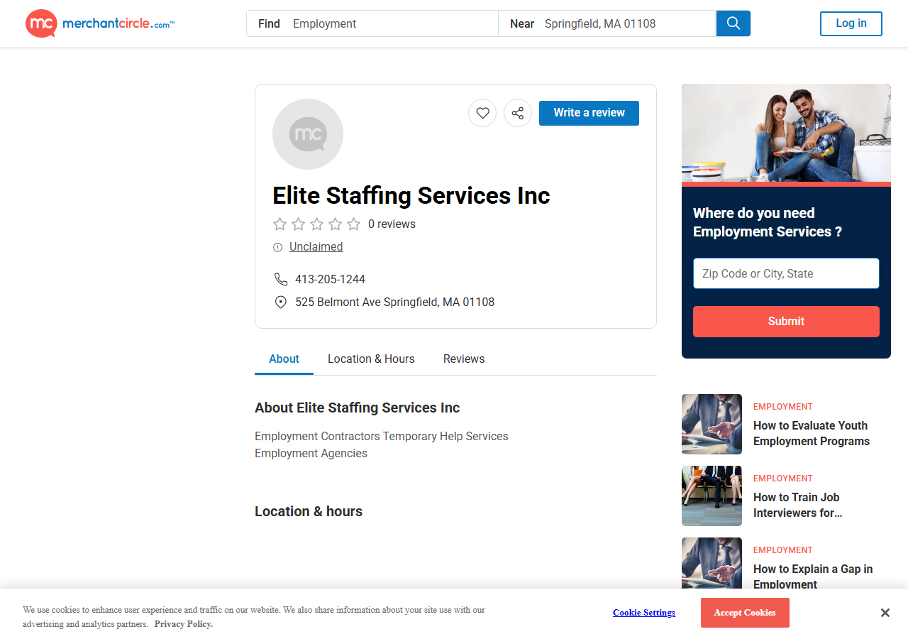 MerchantCircle business directory listing for Elite Staffing Services Inc at 525 Belmont Ave, Springfield, Massachusetts, since no independent company website could be found