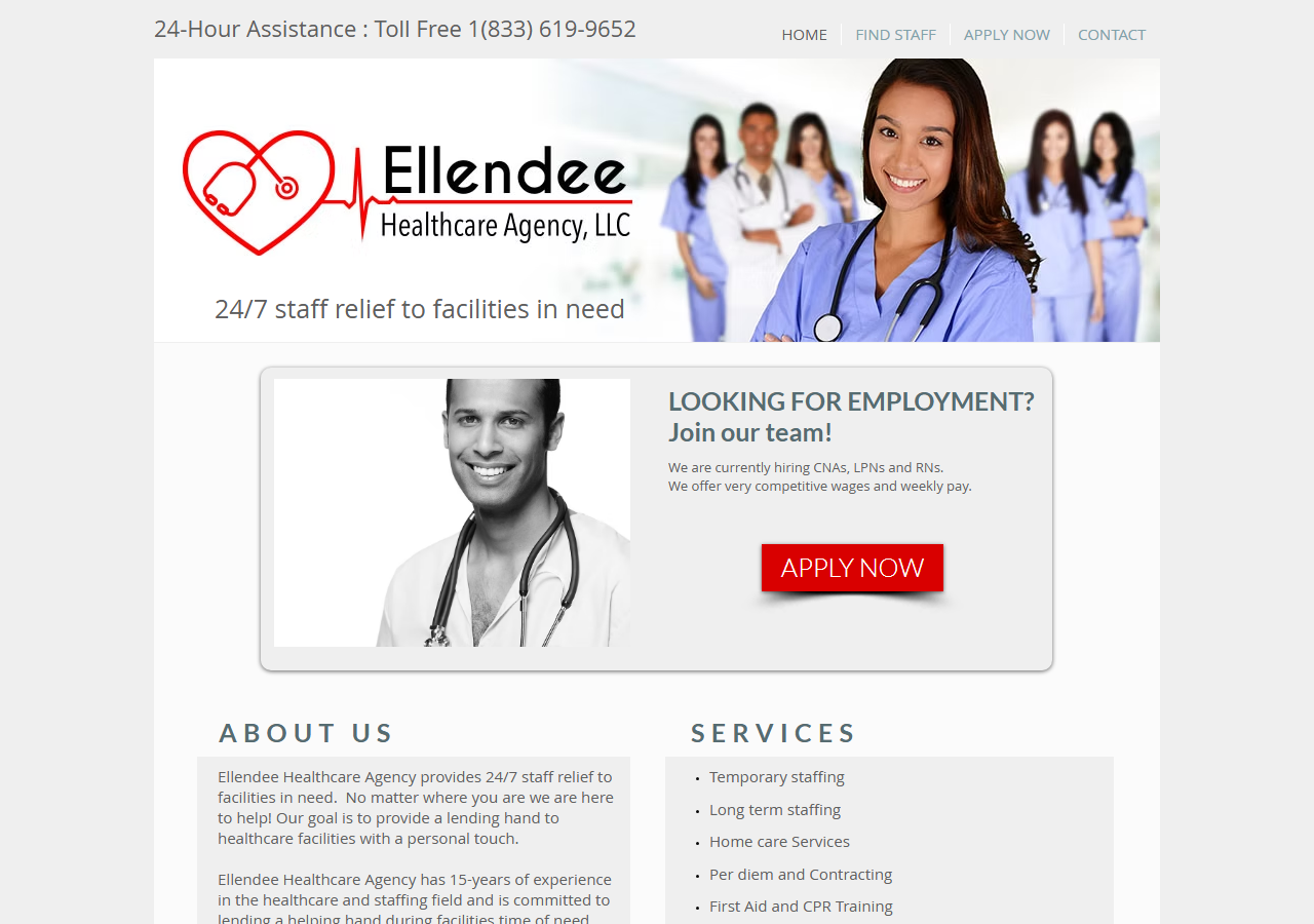 Ellendee Healthcare Agency homepage screenshot, a locally owned healthcare staffing agency in Yakima, Washington placing CNAs, LPNs and RNs