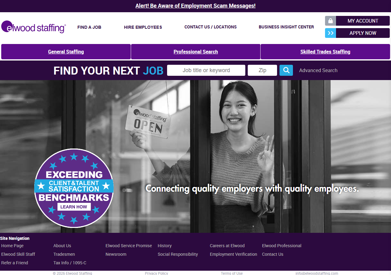 Elwood Staffing homepage screenshot, a national staffing company with a branch office on West Chestnut Avenue in Yakima, Washington