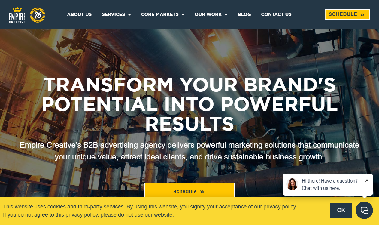 Empire Creative Marketing homepage screenshot, a full-service B2B and industrial marketing agency based in League City, Texas offering brand identity, web design, SEO, and trade-show design