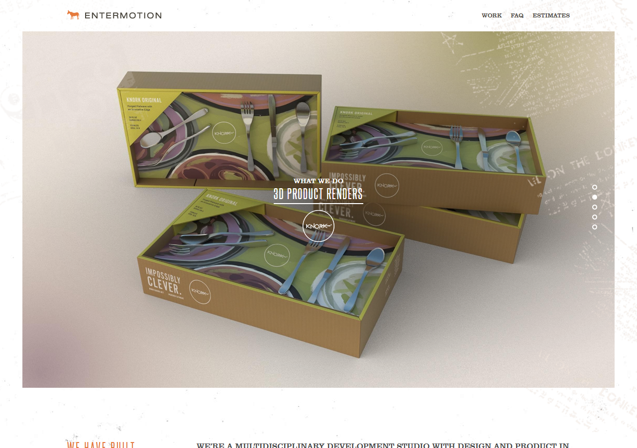 Entermotion Design Studio homepage screenshot, a small multidisciplinary design studio in downtown Wichita specializing in identity design and custom web development