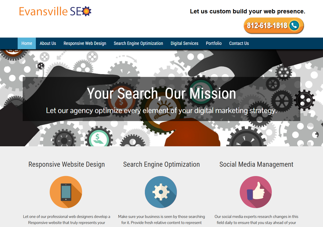 Evansville SEO homepage screenshot, a web design and search engine optimization company based in Evansville, Indiana