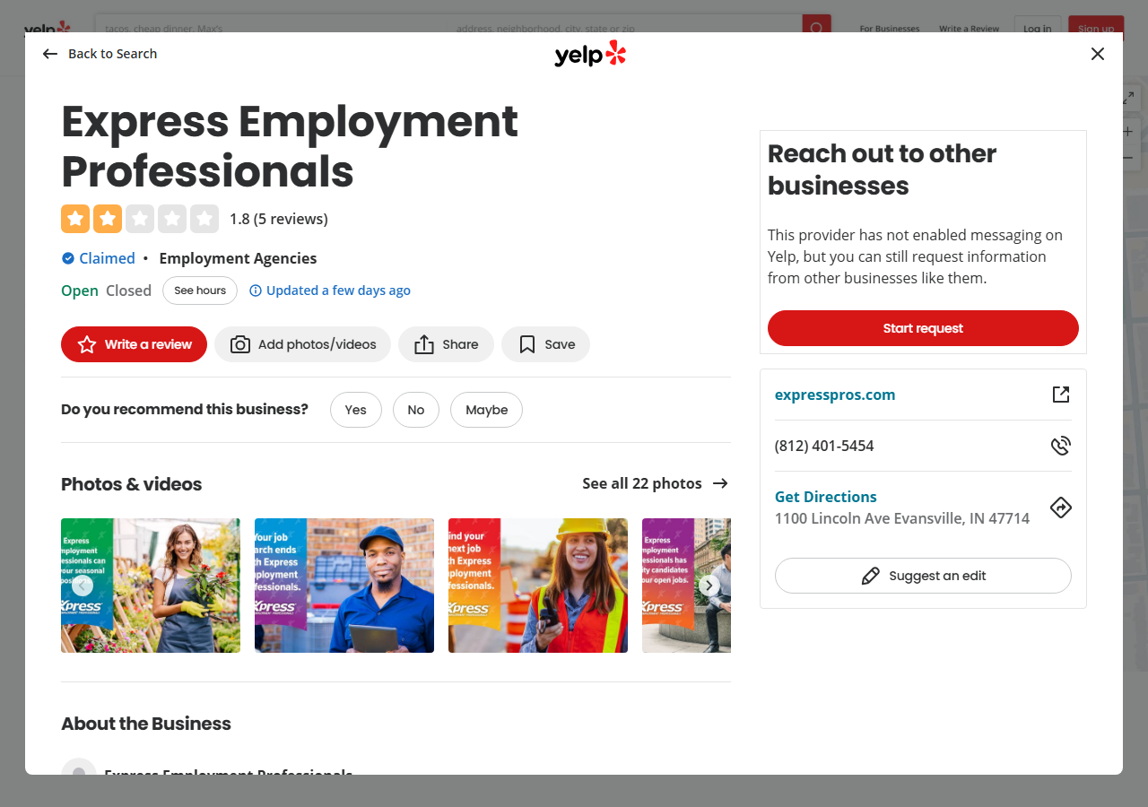 Express Employment Professionals Evansville Yelp business listing screenshot showing its 1100 Lincoln Avenue address, since no homepage screenshot could be captured