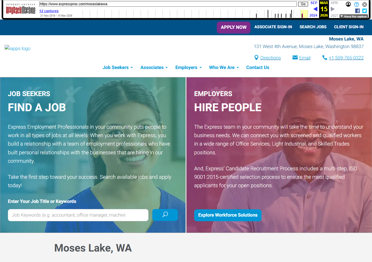 Express Employment Professionals Moses Lake, WA location page screenshot, an office services, light industrial and skilled trades staffing franchise