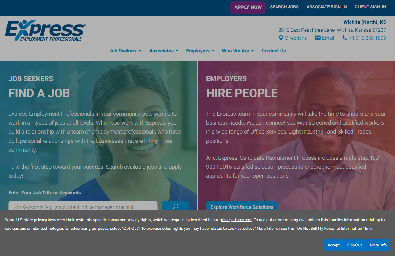 Express Employment Professionals Wichita North location page screenshot, an office services, light industrial and skilled trades staffing franchise