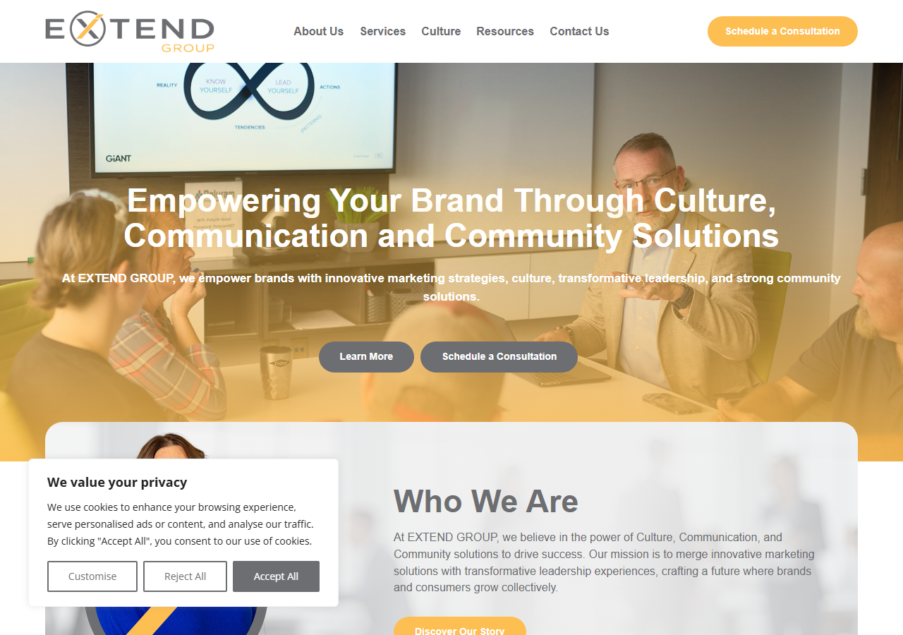 Extend Group homepage screenshot, a marketing and communications agency headquartered in Evansville, Indiana