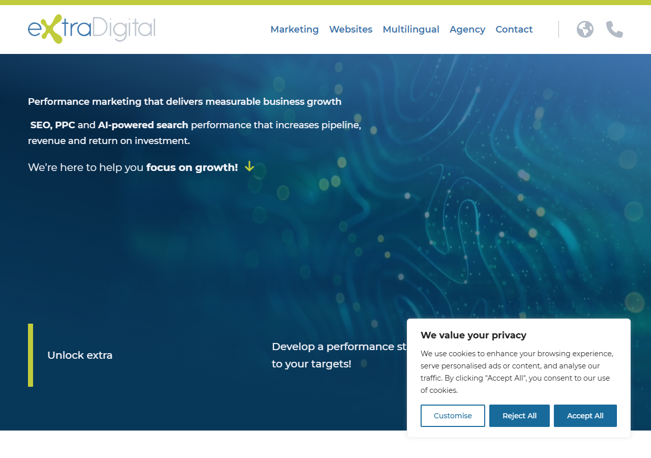 ExtraDigital homepage screenshot, a Canterbury-headquartered SEO and digital marketing agency trading since 2002