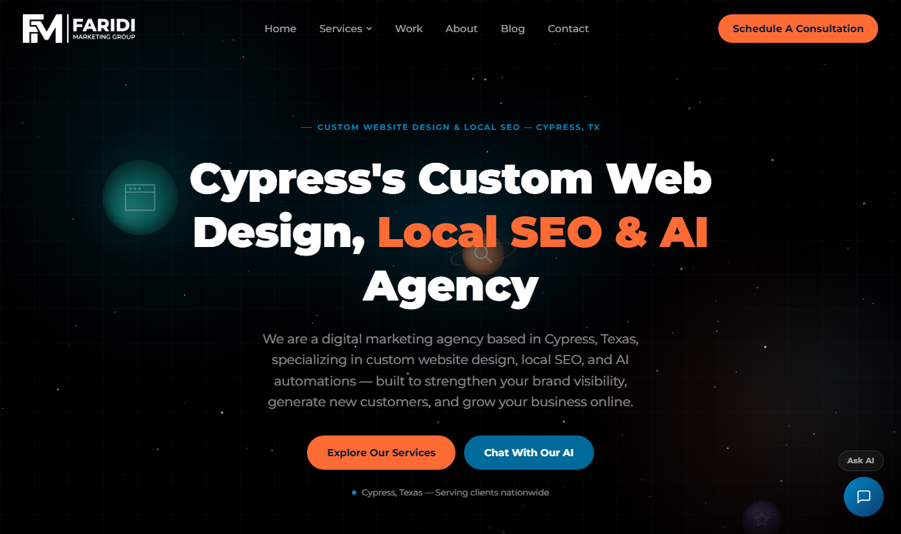 Faridi Marketing Group homepage screenshot, a website design and local SEO consultancy that identifies itself as based in Cypress, Texas