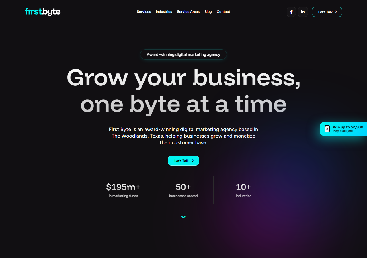 First Byte homepage screenshot, a performance marketing and branding agency based in The Woodlands, Texas