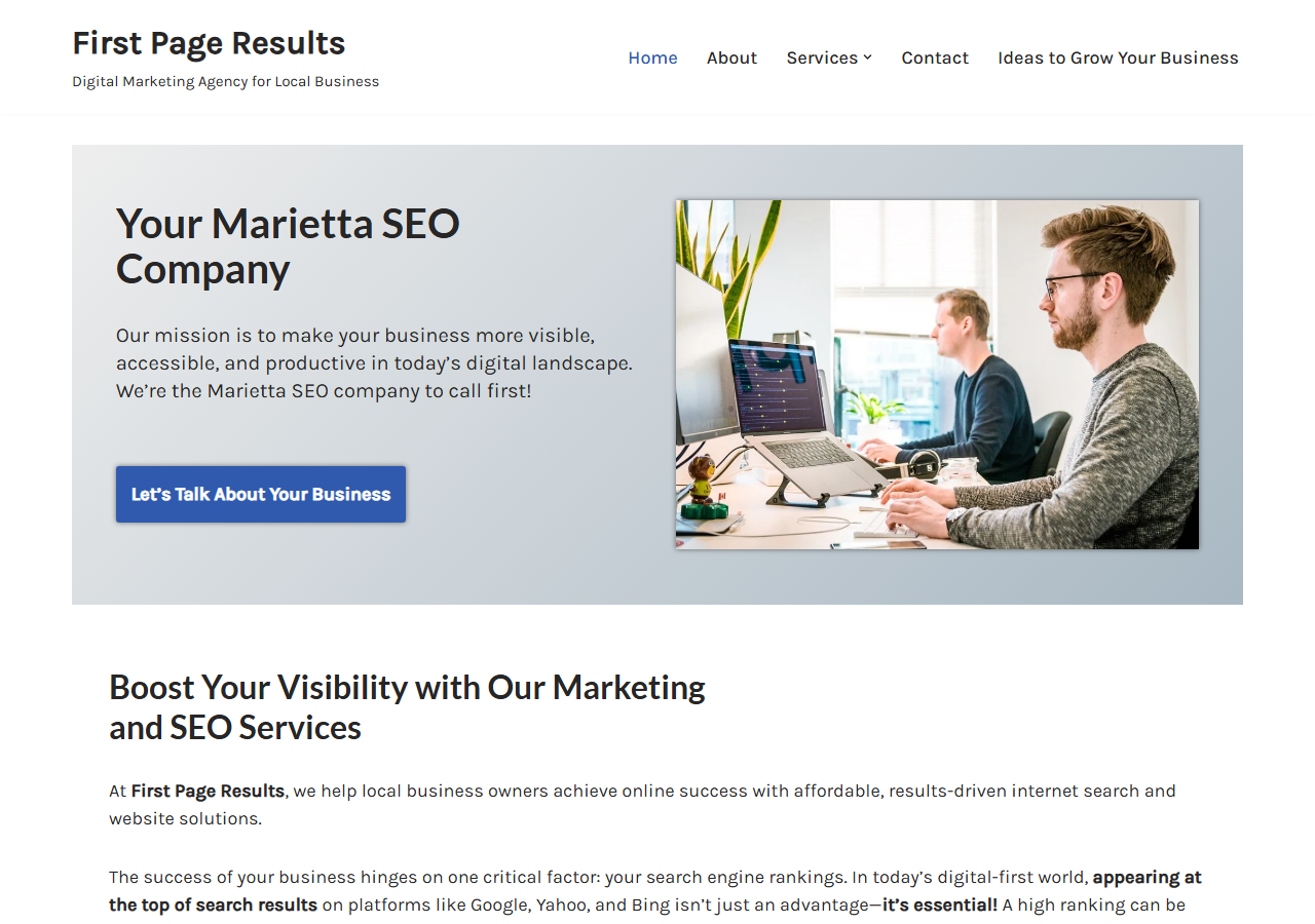 First Page Results homepage screenshot, an affordable local SEO and web design company based in East Cobb, Marietta, Georgia