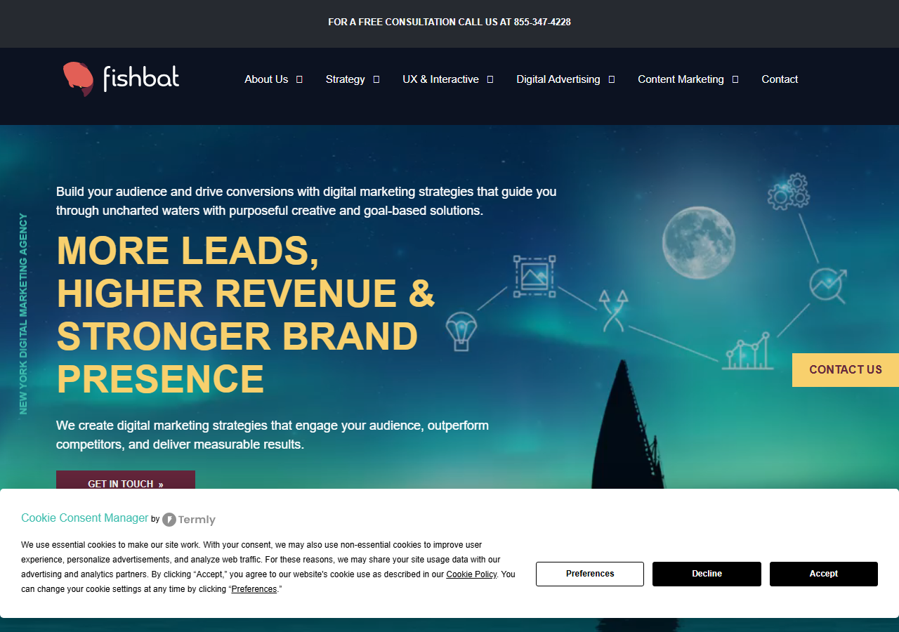fishbat homepage screenshot, a digital marketing agency with a Long Island office in Port Jefferson, New York and additional offices in NYC and Wilmington