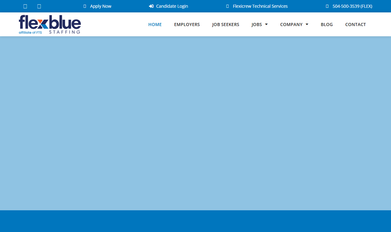 FlexBlue Staffing homepage screenshot, a Gulf South regional industrial staffing brand with a Deer Park, TX office opened in June 2024