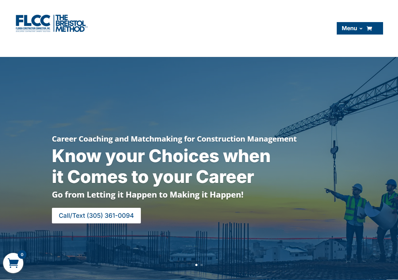 Florida Construction Connection homepage screenshot, a construction-management career coaching and recruiting firm based in Deerfield Beach, Florida since 2004