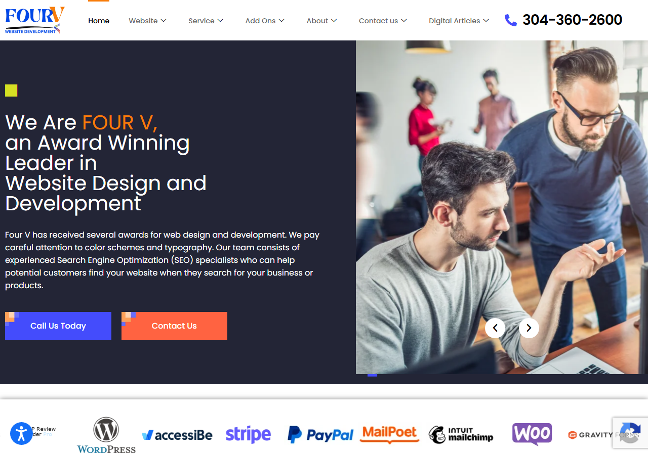 Four V LLC homepage screenshot, an award-winning website design and SEO company based in Huntington, West Virginia