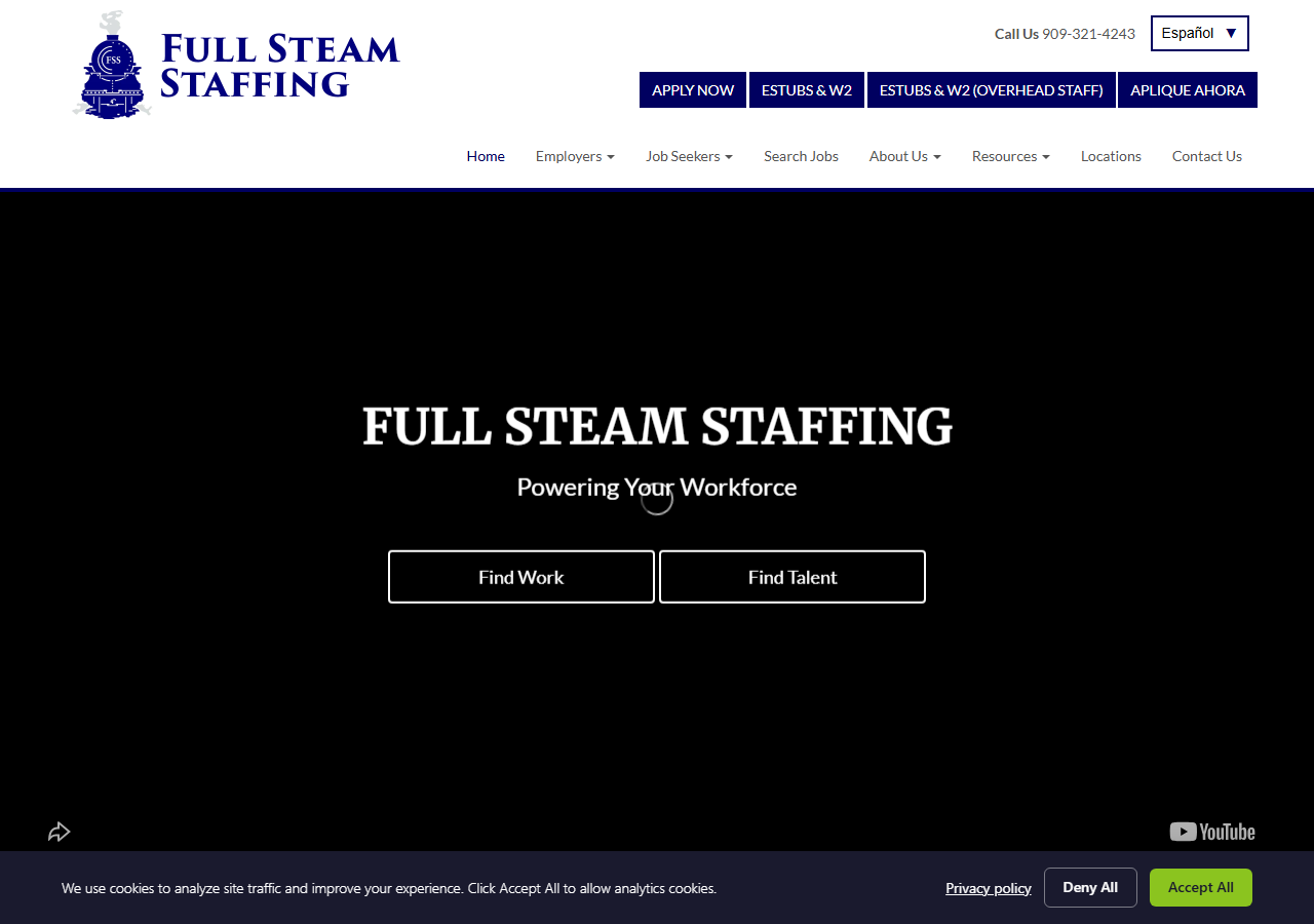 Full Steam Staffing homepage screenshot, a national staffing company with a branch office in Merced, California