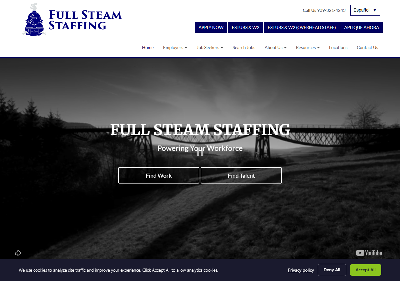 Full Steam Staffing homepage screenshot, a temp, temp-to-hire and direct hire staffing agency with a Pleasanton, California branch office