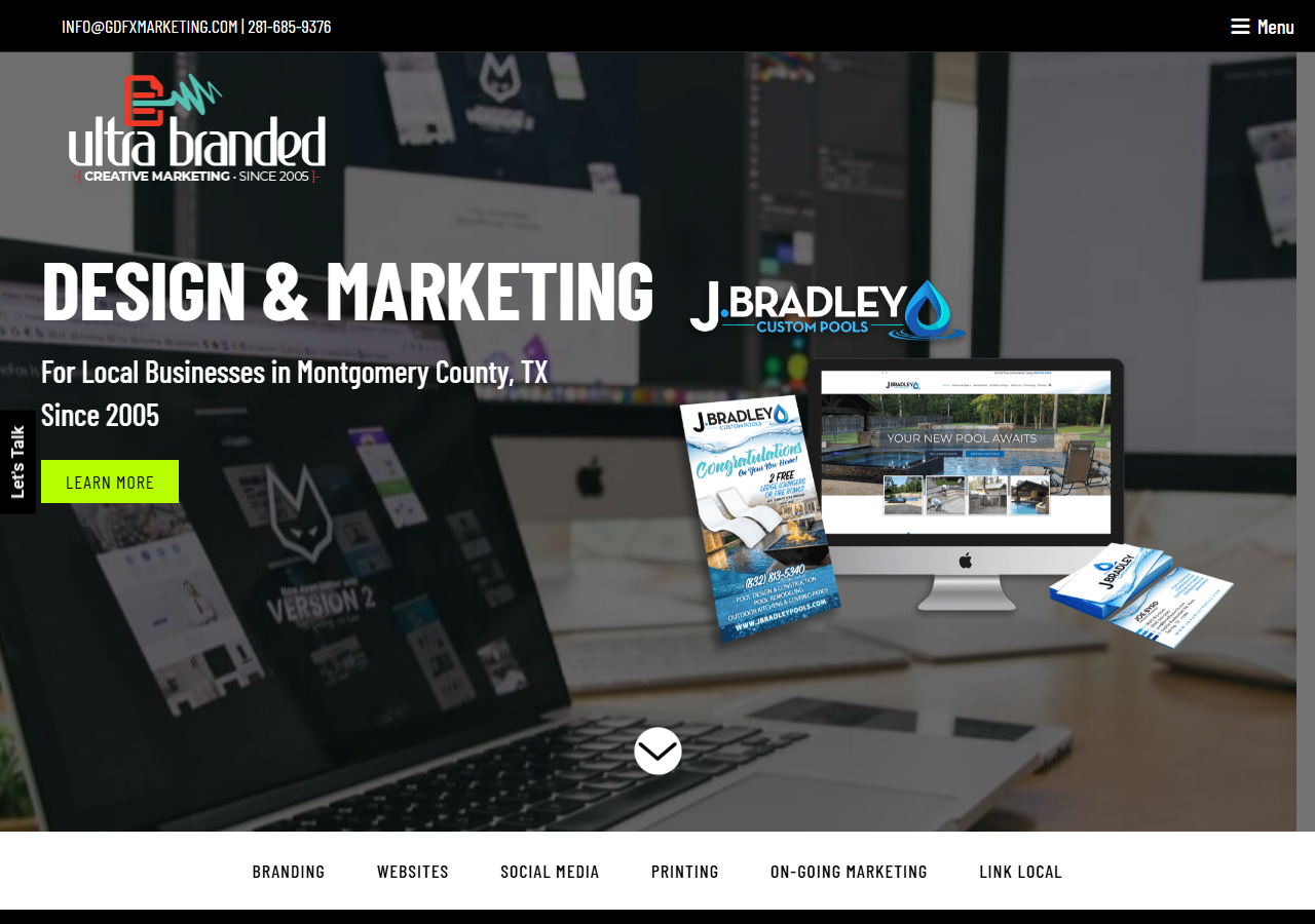 Graphic Design FX / Ultra Branded homepage screenshot, a design and marketing studio serving local businesses in Montgomery County, TX since 2005