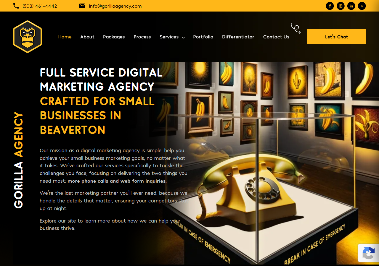 The Gorilla Agency homepage screenshot, a full-service digital marketing agency crafted for small businesses in Beaverton, Oregon