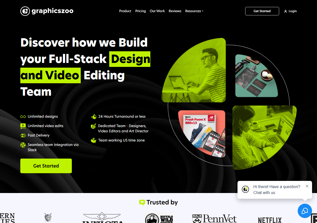 Graphics Zoo homepage screenshot, an unlimited-subscription graphic design and video editing company based in Sugar Land, Texas