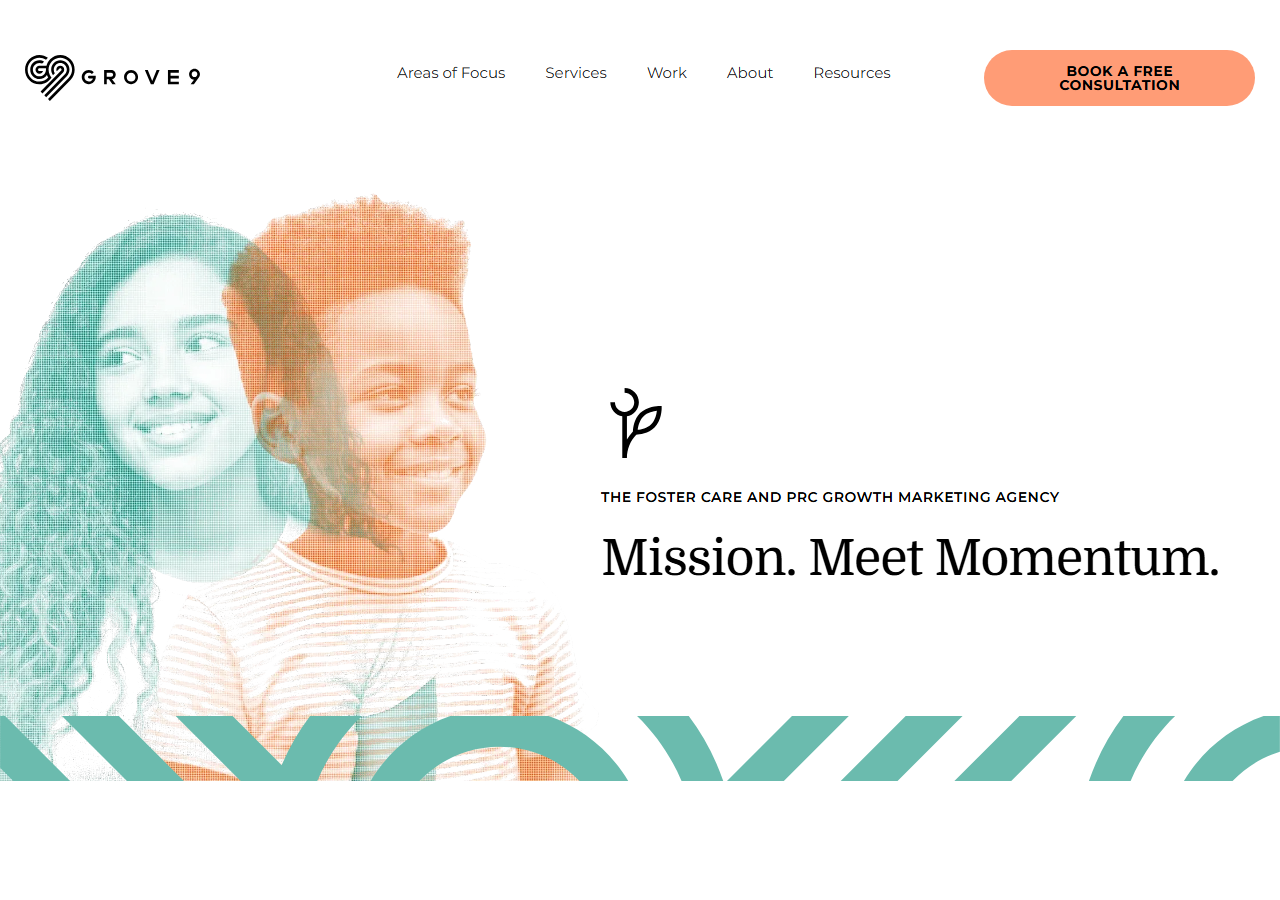 Grove9 homepage screenshot, a niche marketing agency in Wichita, Kansas serving Christian foster care agencies, adoption ministries and pregnancy resource centers