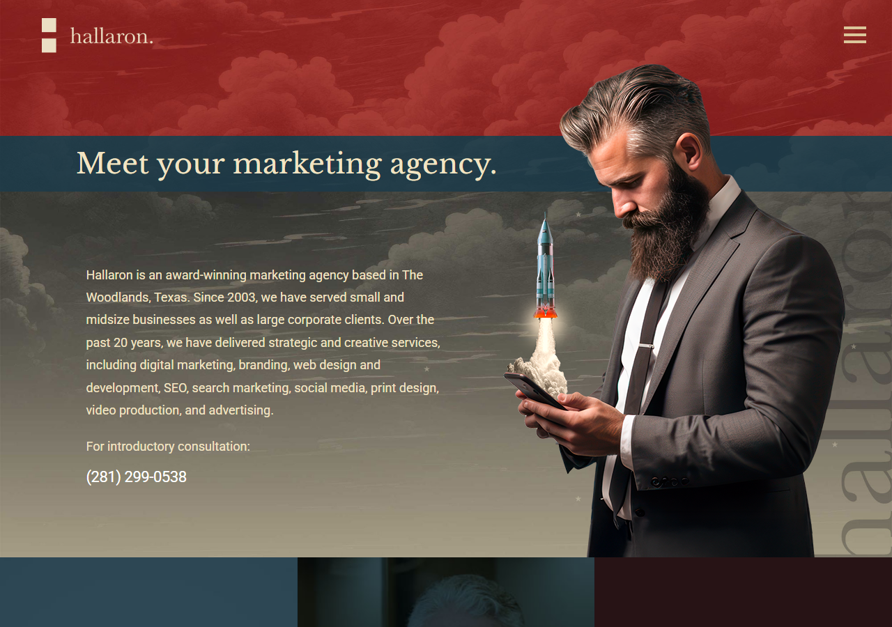 Hallaron Advertising Agency homepage screenshot, an award-winning full-service marketing agency based in The Woodlands, Texas since 2003