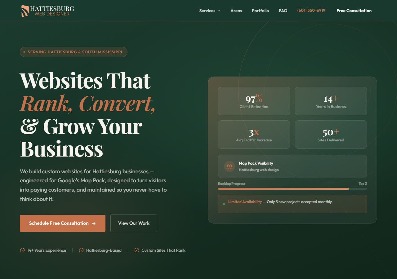Hattiesburg Web Designer homepage screenshot, a web design and local SEO company based in Hattiesburg, Mississippi
