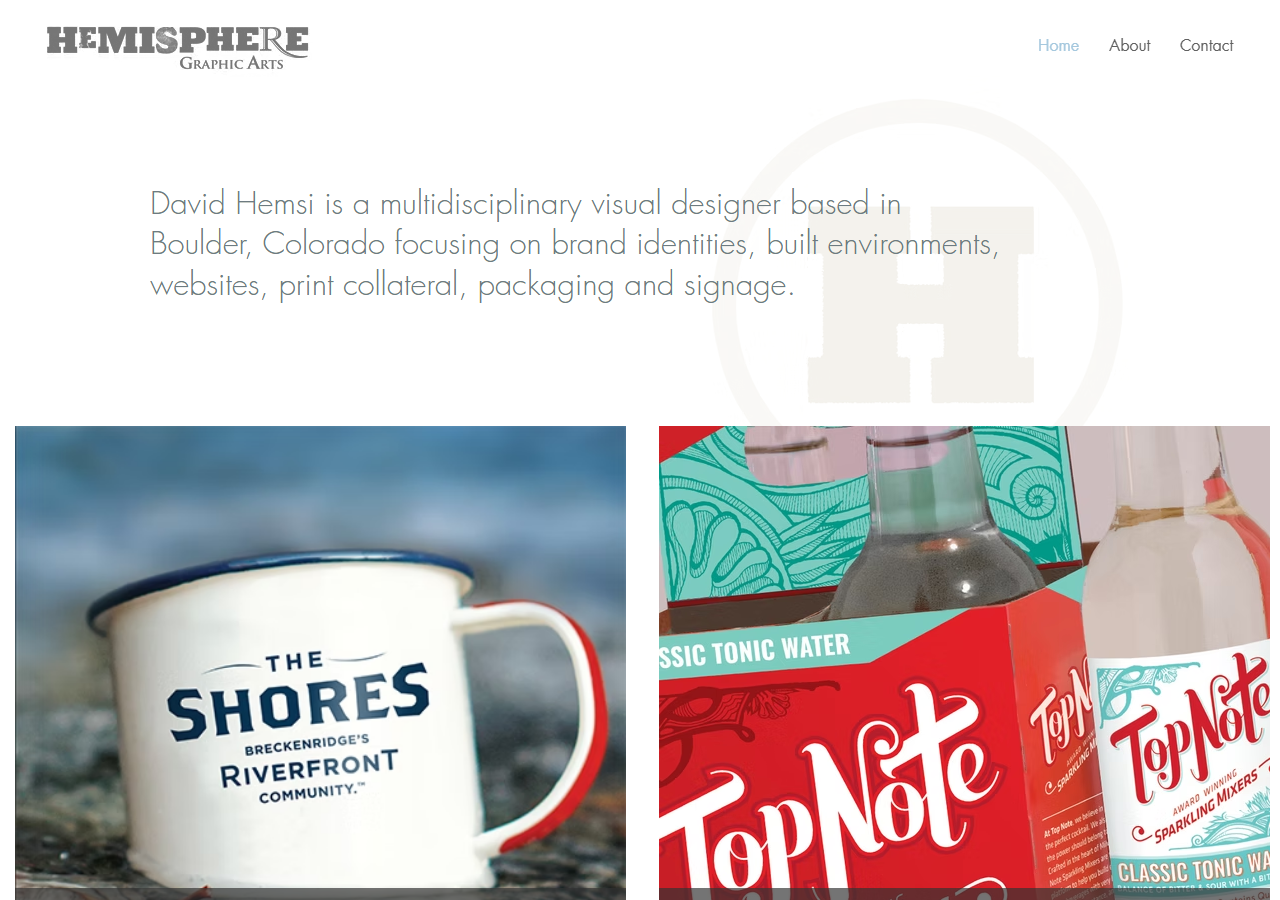 Hemisphere Graphic Arts homepage screenshot, a multidisciplinary visual design studio in Boulder, Colorado led by David Hemsi