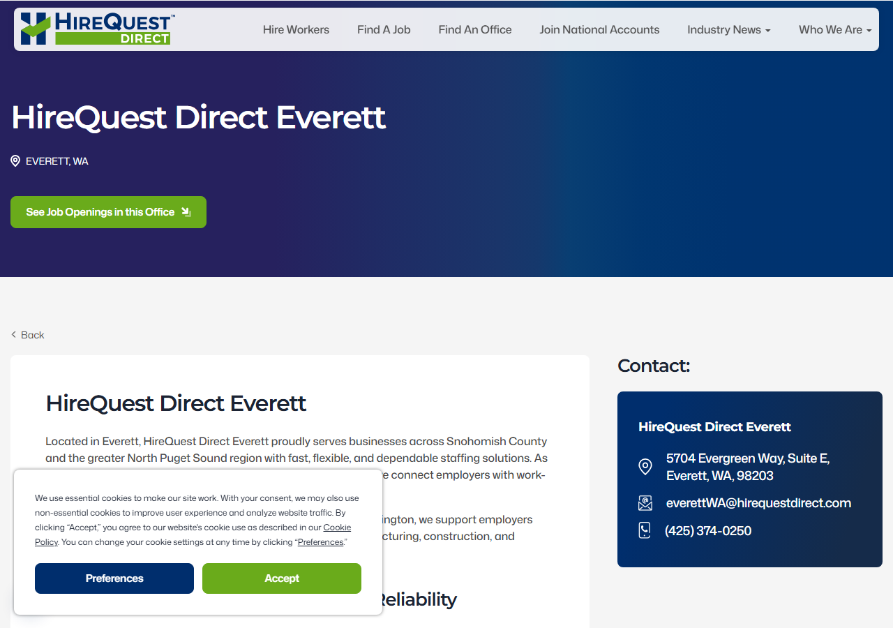 HireQuest Direct of Everett homepage screenshot, a locally owned and operated staffing franchise on Evergreen Way in Everett, Washington