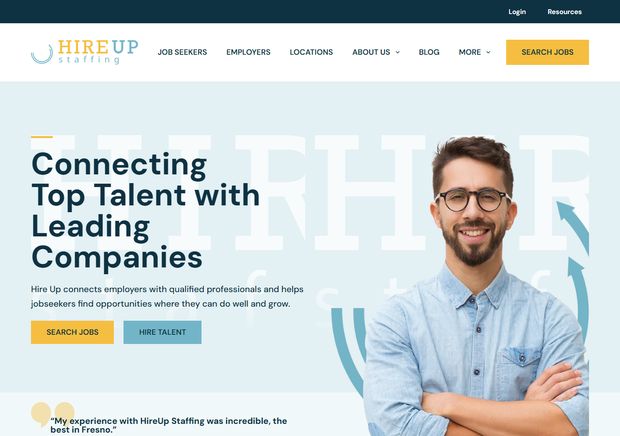 Hire Up Staffing Services homepage screenshot, a by-appointment staffing branch in Pleasanton, California covering manufacturing, legal, accounting and medical placements