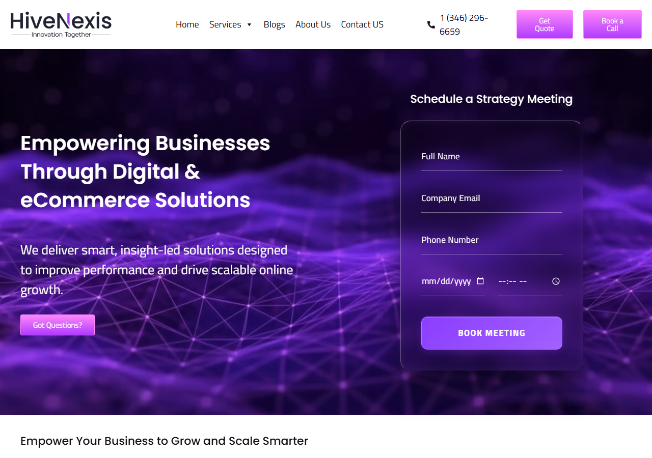 HiveNexis homepage screenshot, an AI-powered SEO and digital marketing agency based in Sugar Land, Texas