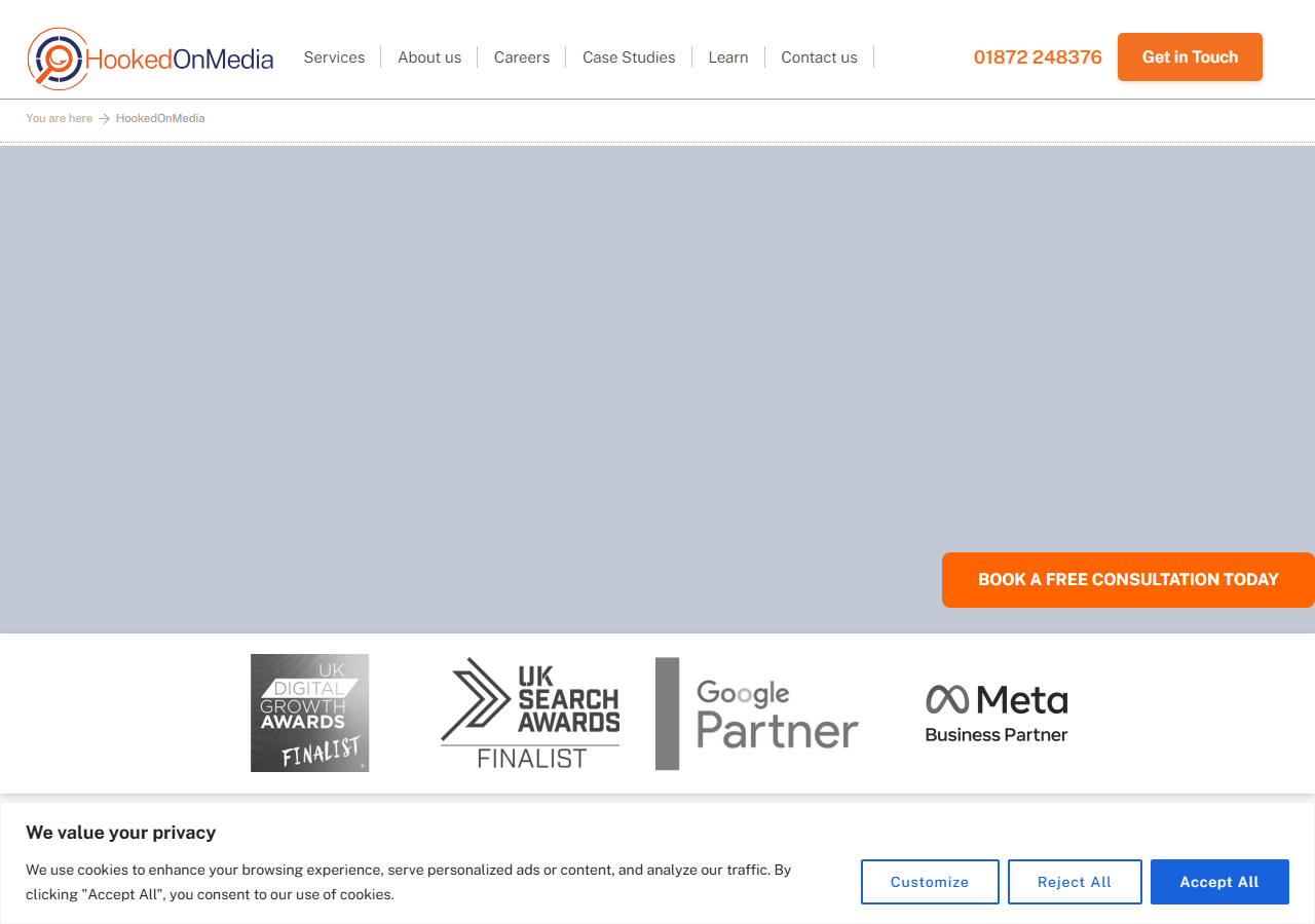 HookedOnMedia homepage screenshot, a Truro-based digital marketing agency