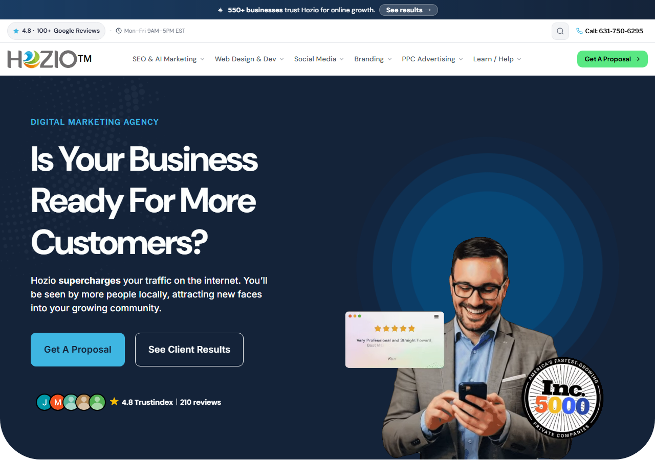 Hozio homepage screenshot, a digital marketing agency headquartered in Holbrook, New York offering SEO, AI search and web design