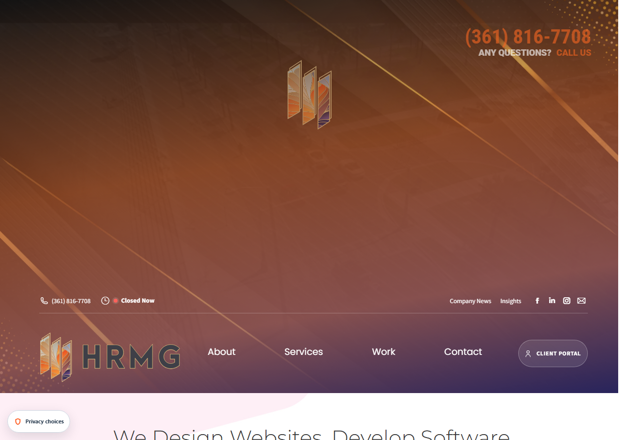 HRMG homepage screenshot, a digital marketing, web design and software development agency based in Corpus Christi, Texas