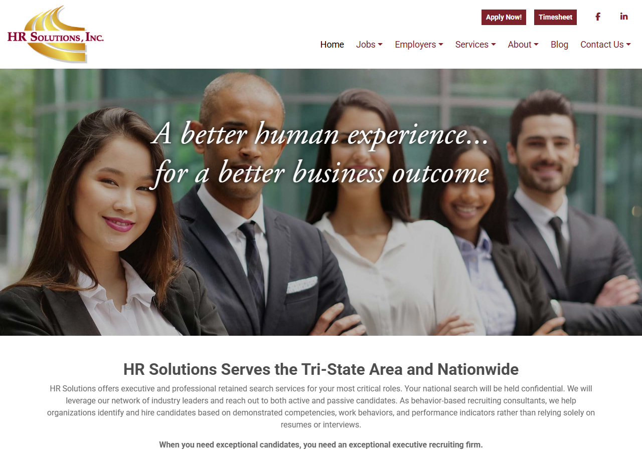 HR Solutions Inc homepage screenshot, a woman-owned executive recruiting and staffing firm based in Evansville, Indiana since 1994