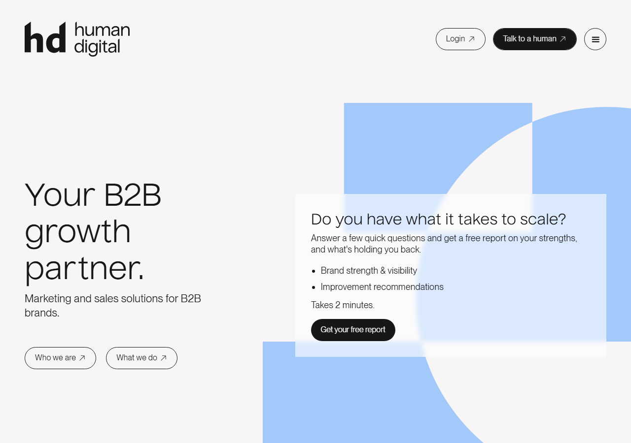 Human Digital homepage screenshot, a B2B growth marketing agency founded in Sydney with an office at Martin Place