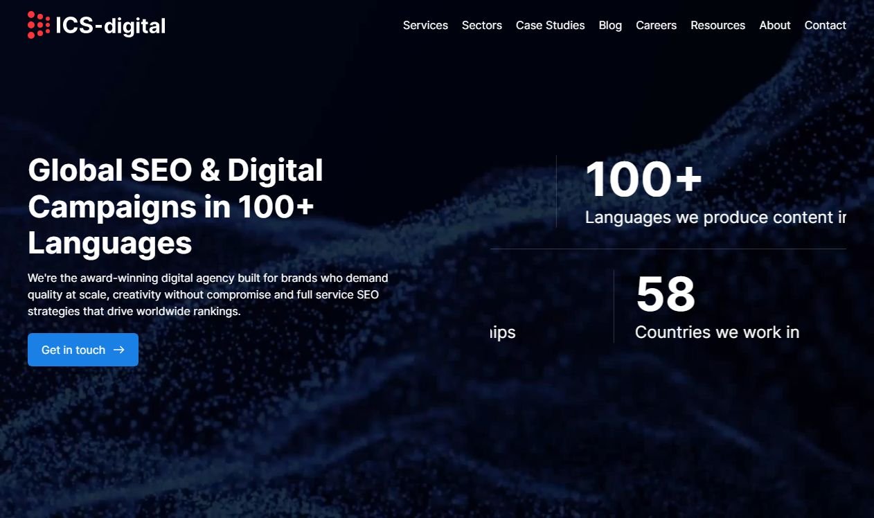 ICS-digital homepage advertising global SEO campaigns in over 100 languages
