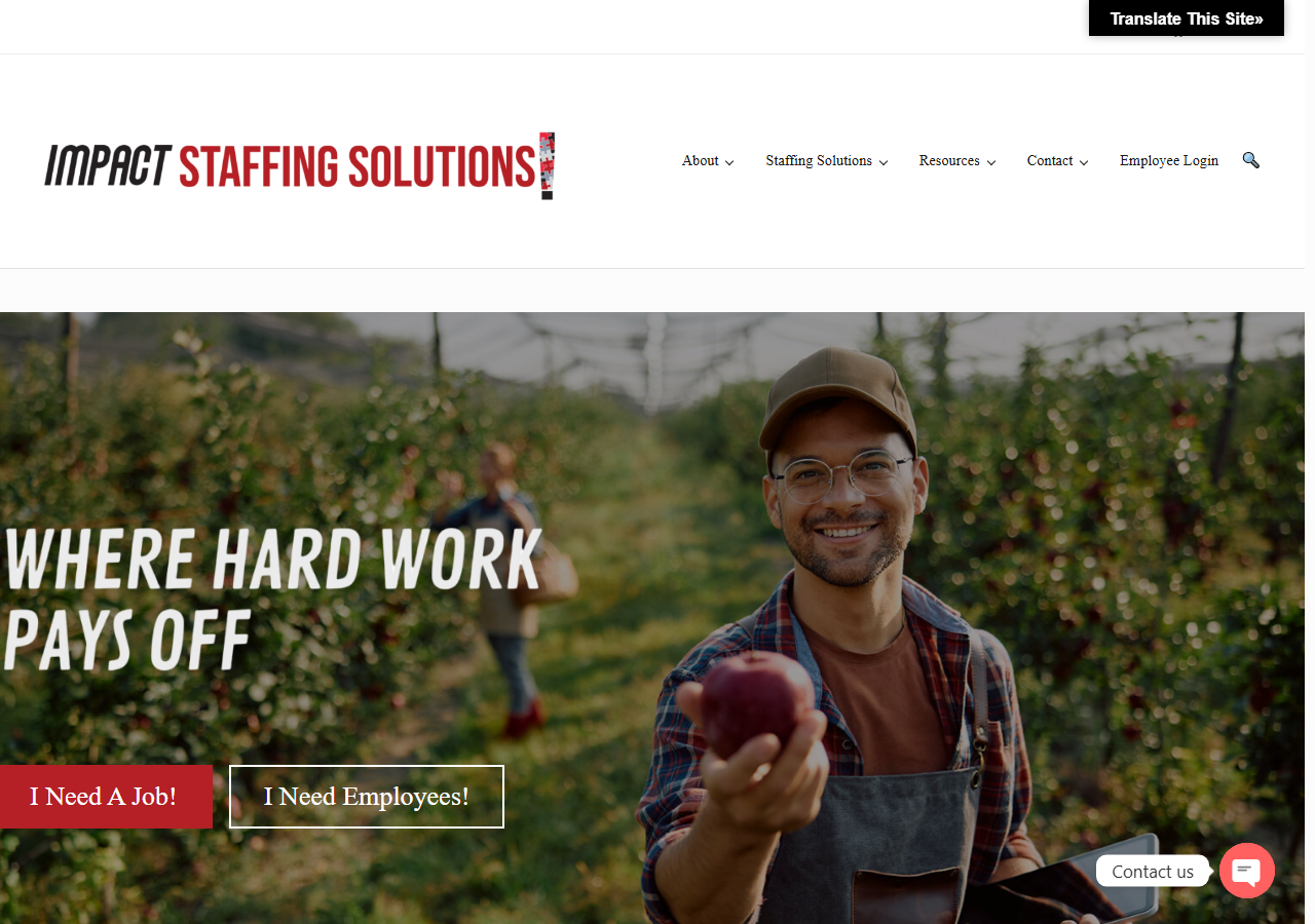 Impact Staffing Solutions homepage screenshot, a Moses Lake, WA agricultural, industrial and clerical staffing agency