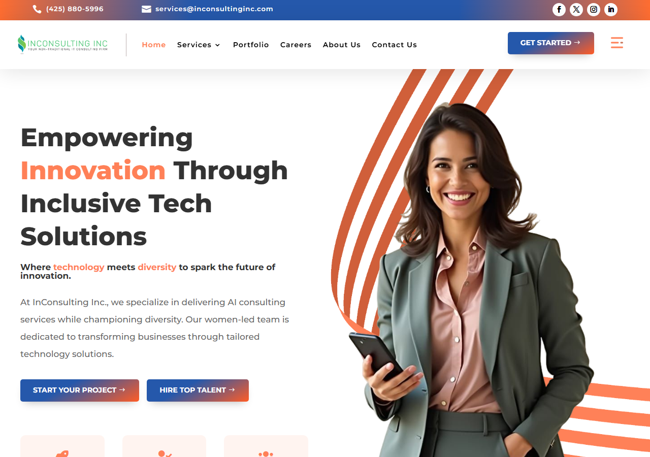 InConsulting Inc. homepage screenshot, a women-led AI and cloud consulting firm headquartered in Redmond, Washington that also places technology and staffing talent