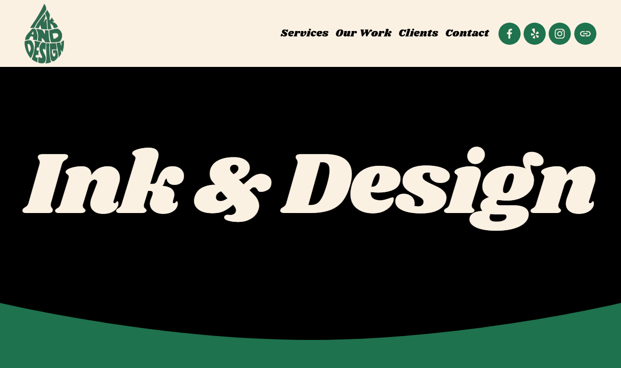 Ink and Design homepage screenshot showing the company's stylized logo and navigation menu, a design and print storefront on the Gulf Freeway in League City, Texas