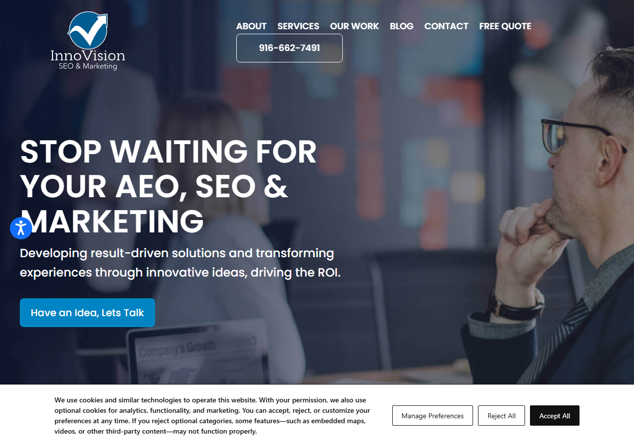 InnoVision SEO and Marketing homepage screenshot, an on-page, off-page, technical and local SEO agency with a Petaluma, California branch office