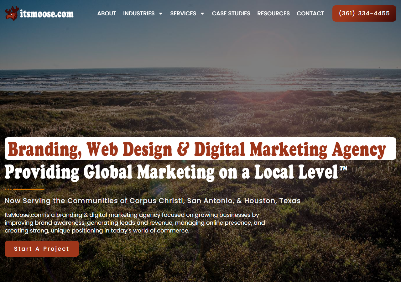 ItsMoose.com homepage screenshot, a branding and digital marketing agency headquartered in Corpus Christi, Texas