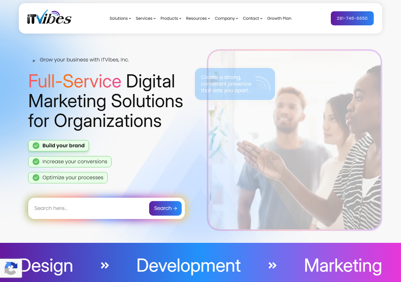 ITVibes Inc. homepage screenshot, a Houston-facing web design and digital marketing company with a genuine Woodlands, Texas office
