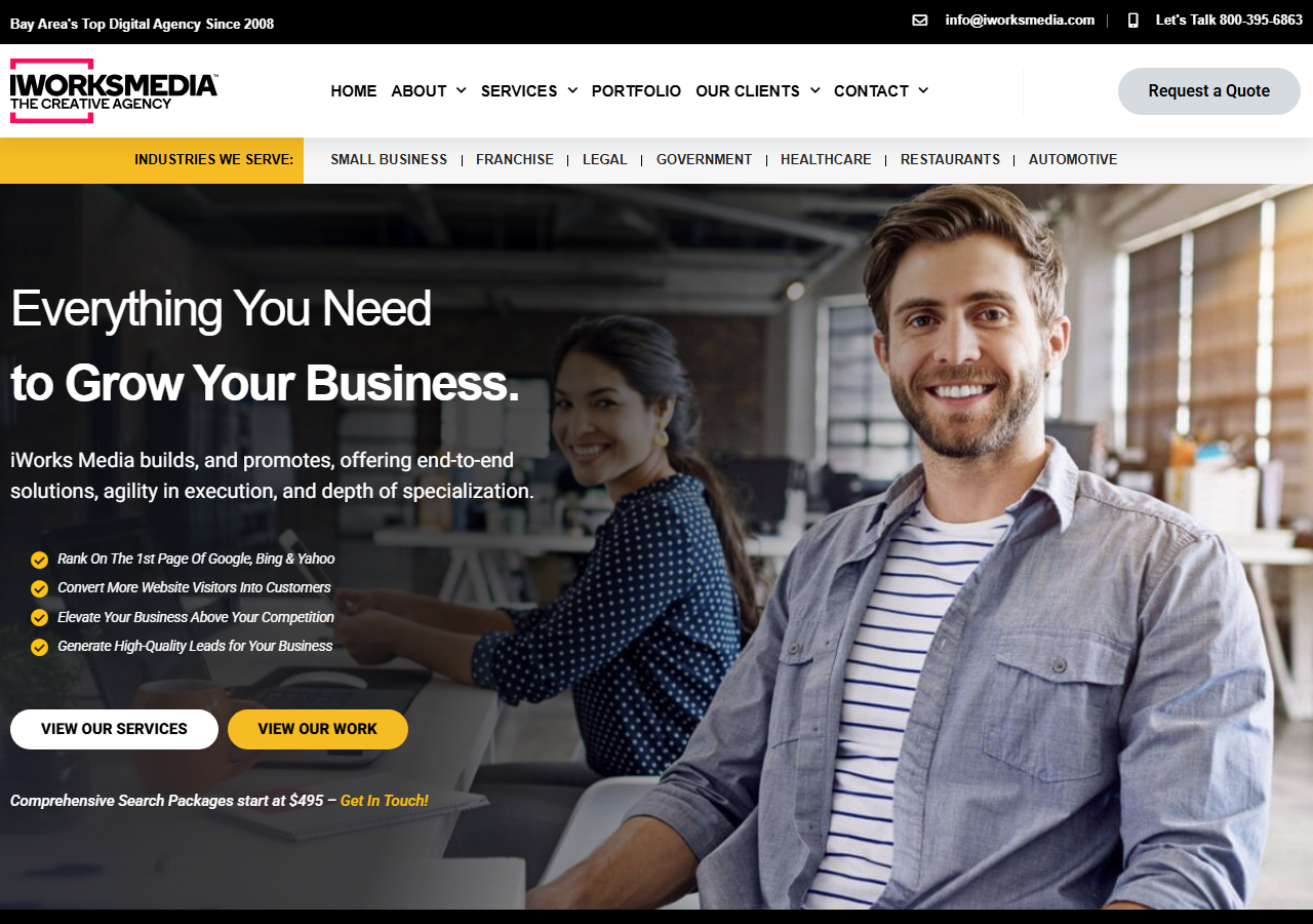 iWorks Media homepage screenshot, a full-service digital marketing agency based in Pleasanton, California