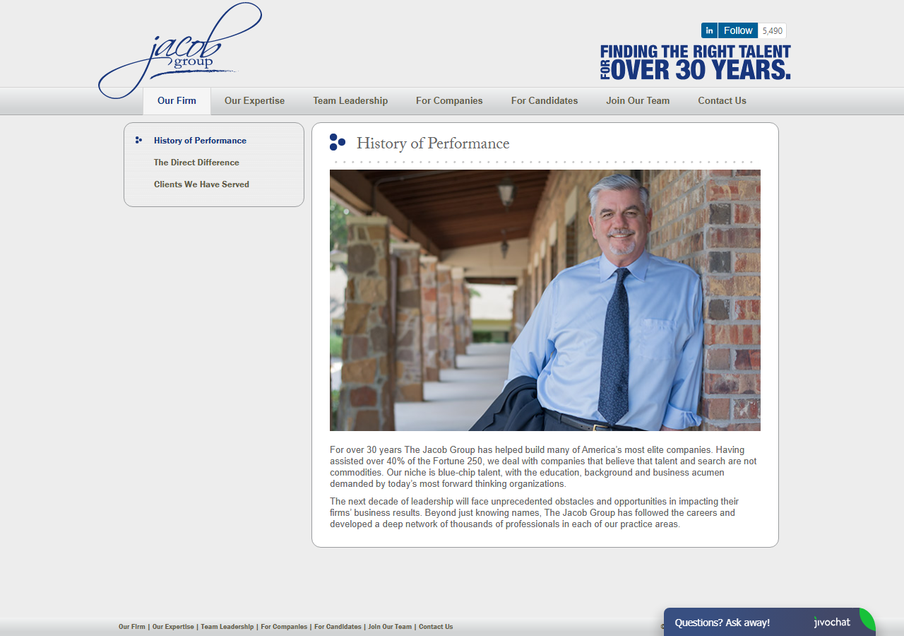 The Jacob Group homepage screenshot, a national executive search firm headquartered in McKinney, Texas