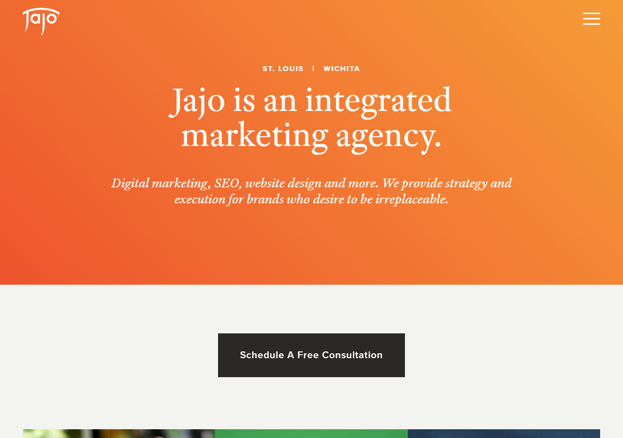 Jajo homepage screenshot, a branding and integrated marketing agency with offices in Wichita, Kansas and St. Louis, Missouri