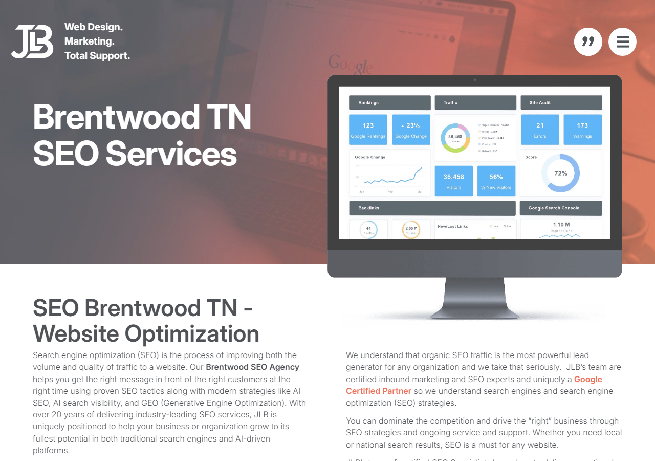 JLB Works homepage screenshot, an SEO and web design agency headquartered in Brentwood, Tennessee