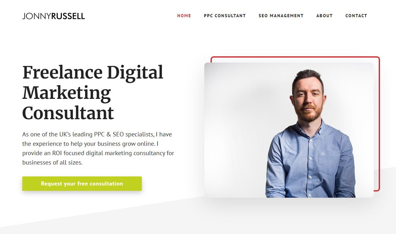 Jonny Russell homepage for a freelance digital marketing and SEO consultant in Leeds