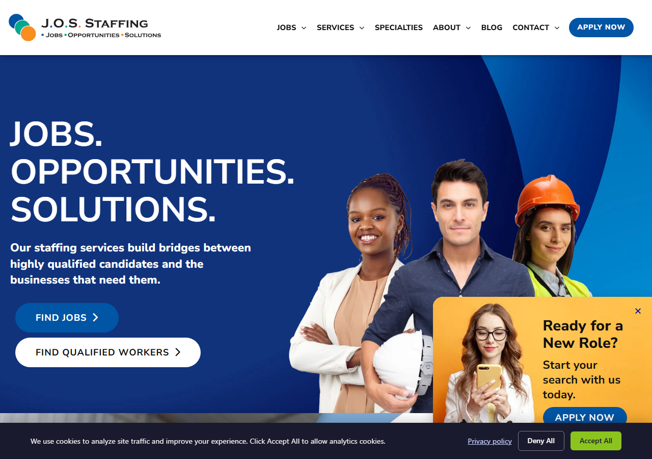 JOS Staffing homepage screenshot, a light industrial, warehouse and skilled trades staffing agency headquartered in Evansville, Indiana